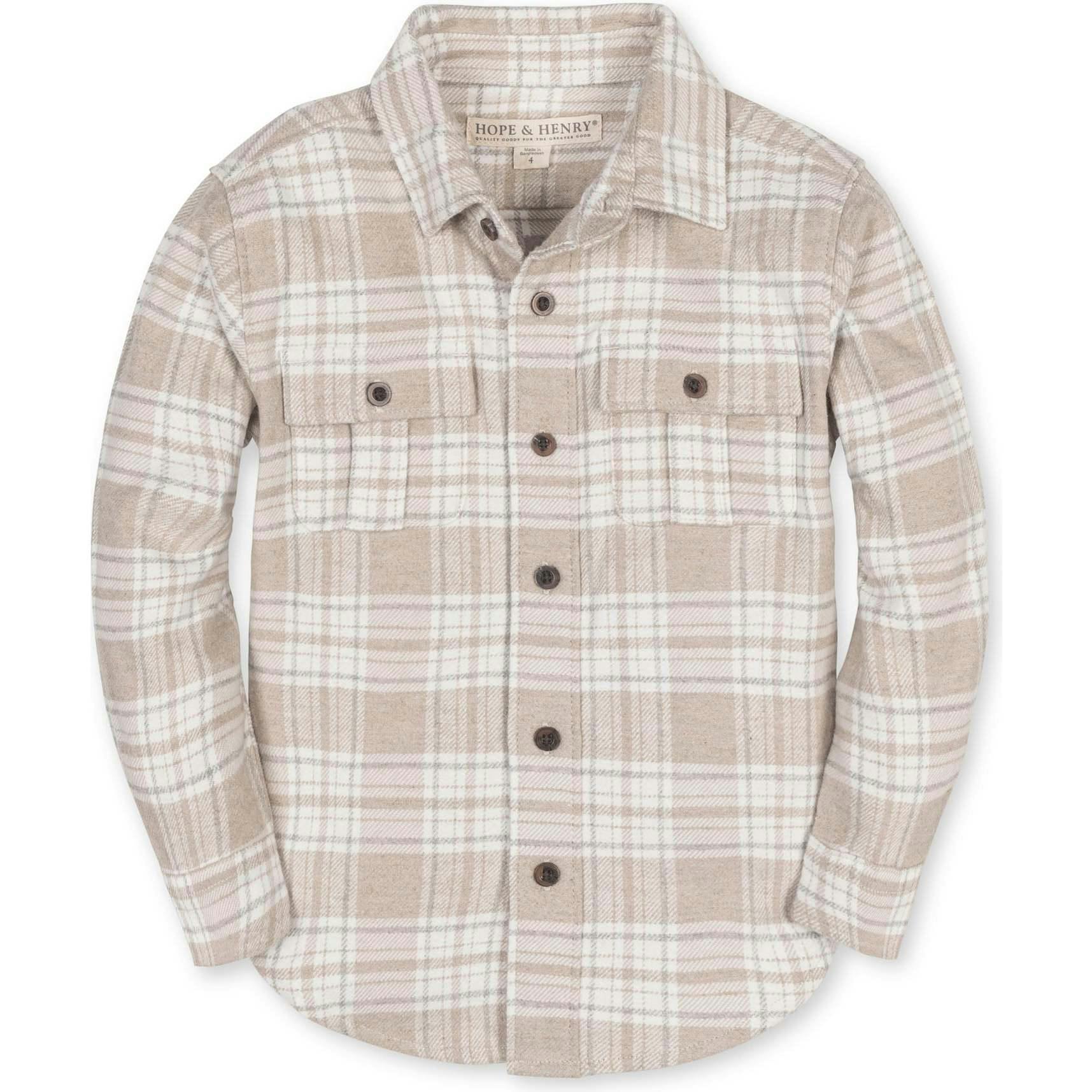 Big Kids Organic Long Sleeve Flannel Shirt with Double Flap Pockets, Beige
