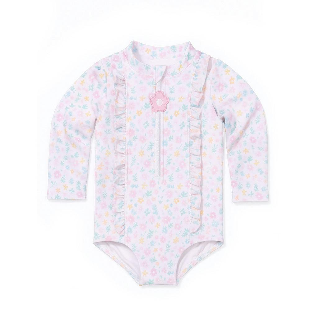 Floral Print One Piece Rashguard With Ruffles