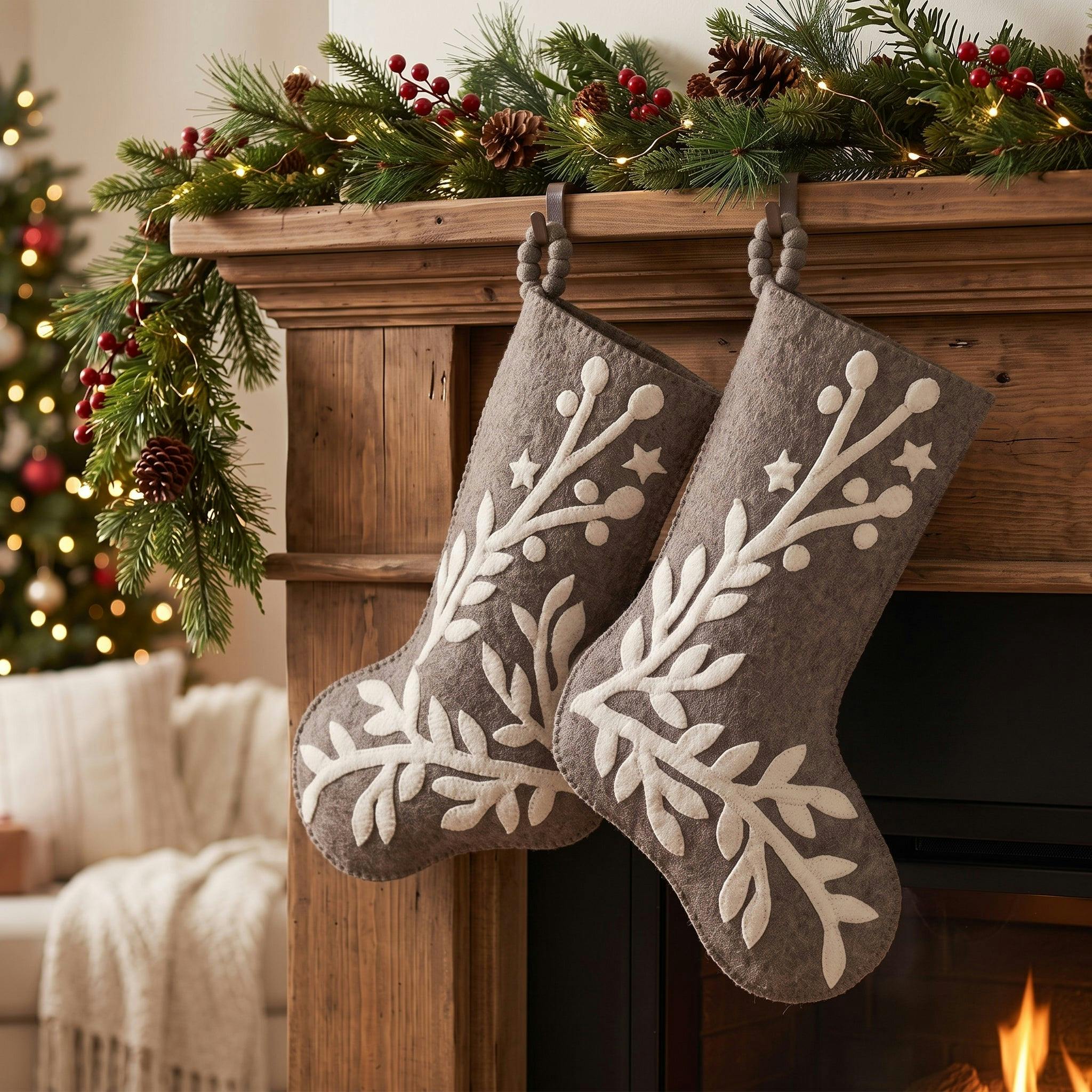 Hand Felted Wool Christmas Stocking, Stars and Branch Gray