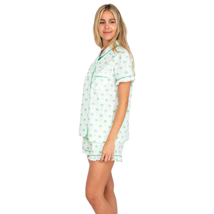 Women's Green Palm Tree Short PJ Set - Organic Cotton Poplin