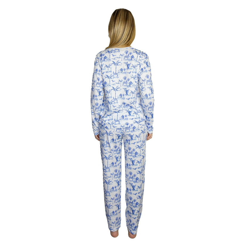 Women's Skydog Toile Blue Jersey Long PJ Set - Organic Stretch Cotton