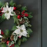 26" White Poinsettia, Pinecone & Berry Wreath Pre-Lit
