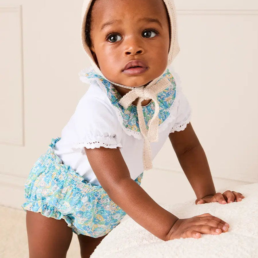 Leontyne Floral Ruffle Collar Lace Detail Bodysuit in Blue Made with Liberty Fabric (1mth-3yrs)