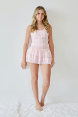 Gemma Pastel Pink With Pink Lace Heart Lurex Smocked Ruffle Mini Skirt