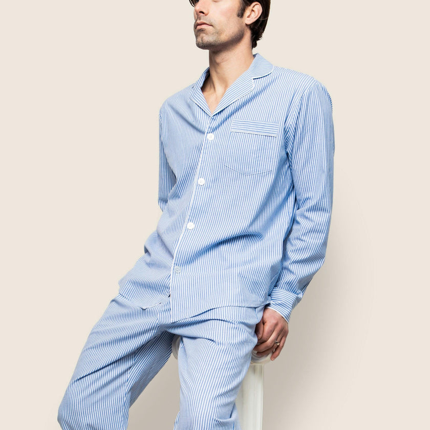 Men's Twill Pajama Set in French Blue Heritage Stripe