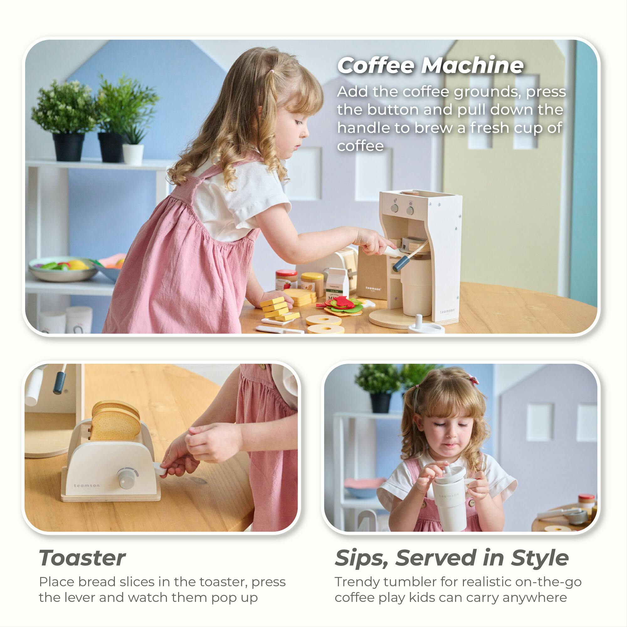Teamson Kids Little Chef Santa Barbara Wooden Healthy Breakfast to Go with 27 Accessories