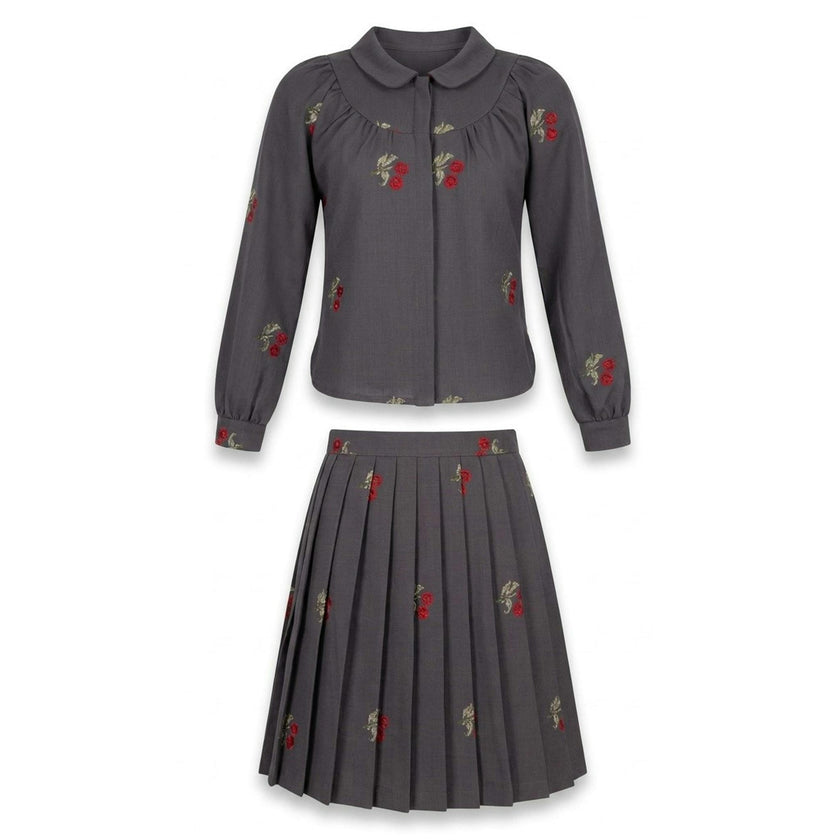 Cherry Cross Stitch Embroidery Blouse And Skirt Set