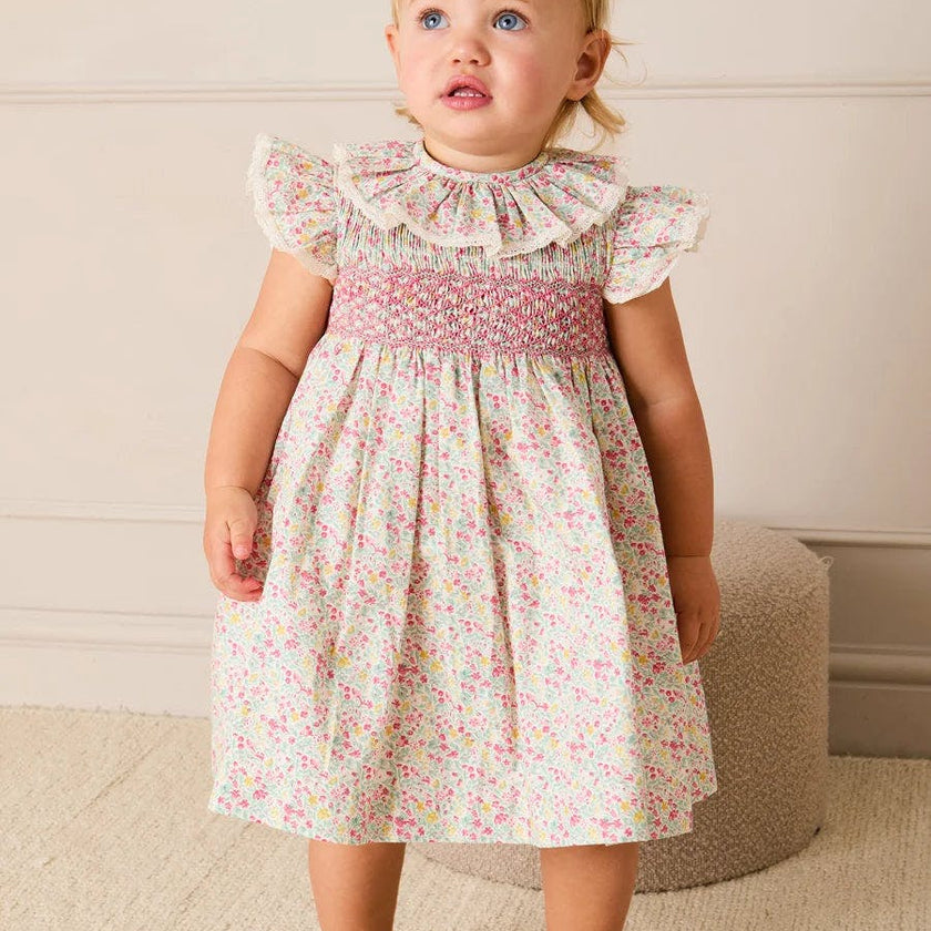Adelaide Floral Hand Smocked Ruffle Collar Cap Sleeve Dress in Pink (12mths-6yrs)