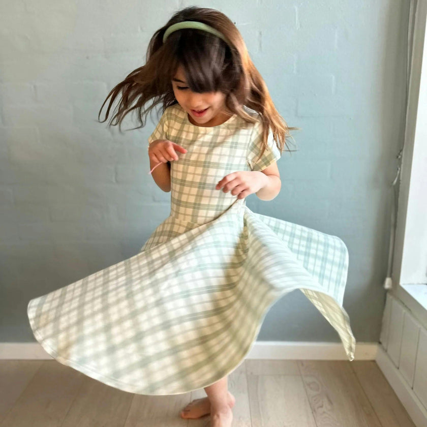 Sweetheart Twirl Dress | Organic Cotton Jersey - Fern Plaid