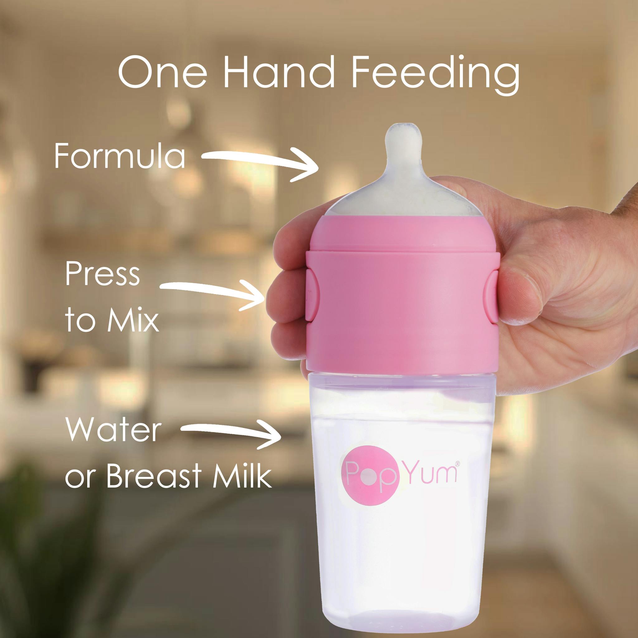 PopYum 9 oz Pink Formula Making Baby Bottle 3-Pk with White Drying Rack & Clear Drying Mat Bundle