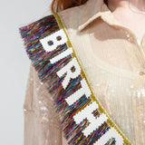 Packed Party Birthday Vibes Tinsel and Glitter Party Sash - 60 Inch Multicolor Tinsel Fringe with Iridescent Glitter Letters and Gold Binding Ties, One Size