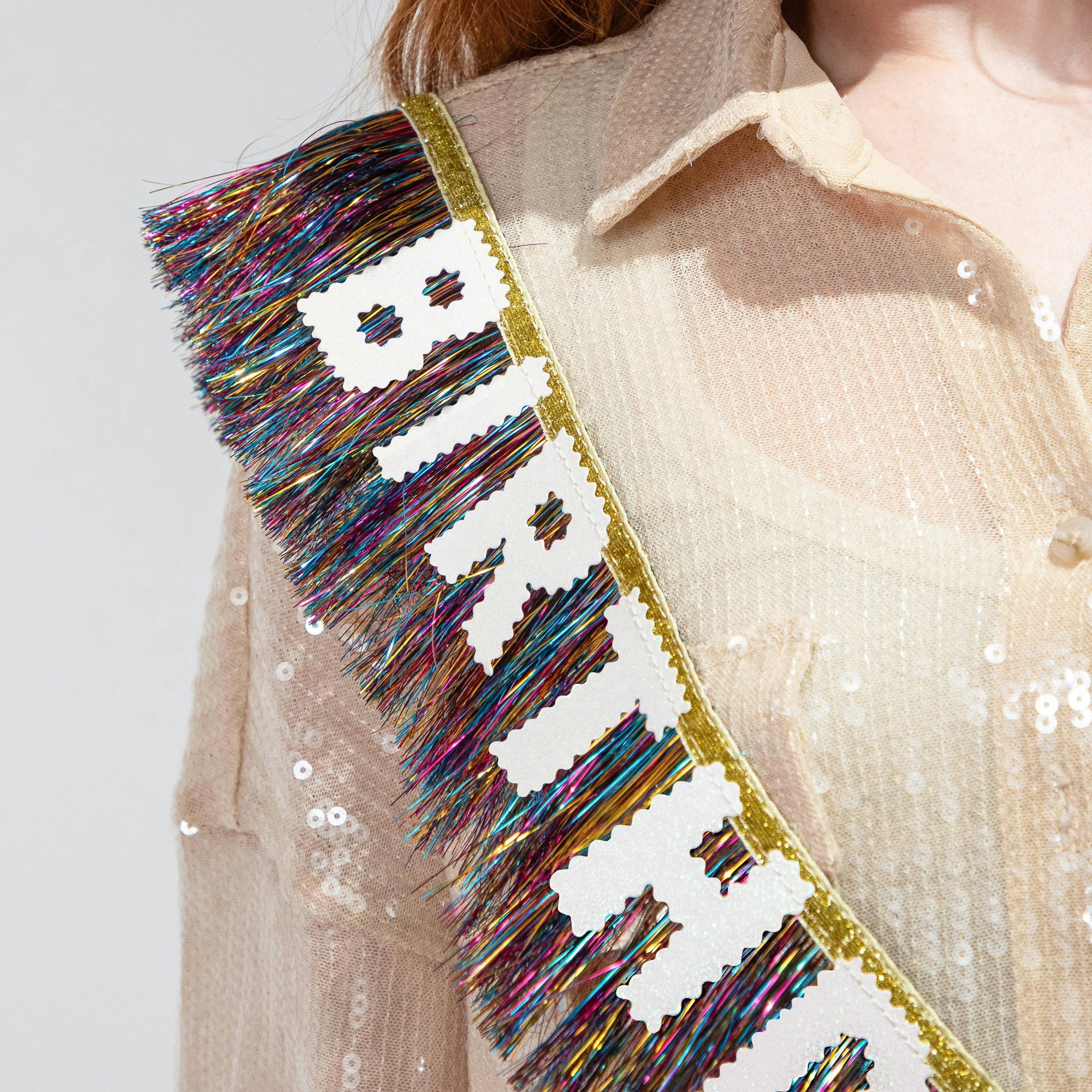 Packed Party Birthday Vibes Tinsel and Glitter Party Sash - 60 Inch Multicolor Tinsel Fringe with Iridescent Glitter Letters and Gold Binding Ties, One Size