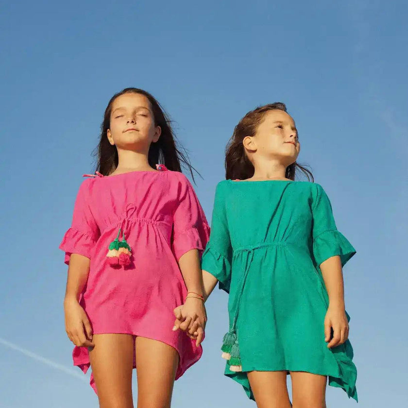Girl's Pom-Pom Kaftan, Emerald | LEA