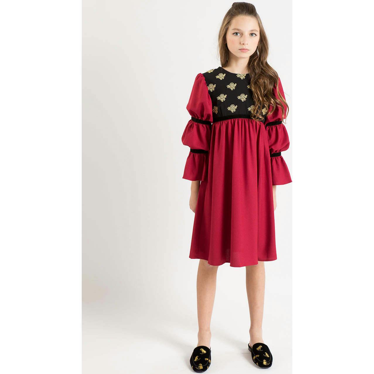 Bella dress (burgundy with golden embroidery blooms)