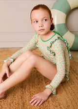 Annie Apple Print Ruffle Detail Long Sleeve Swimsuit in Green (12mths- 10yrs)