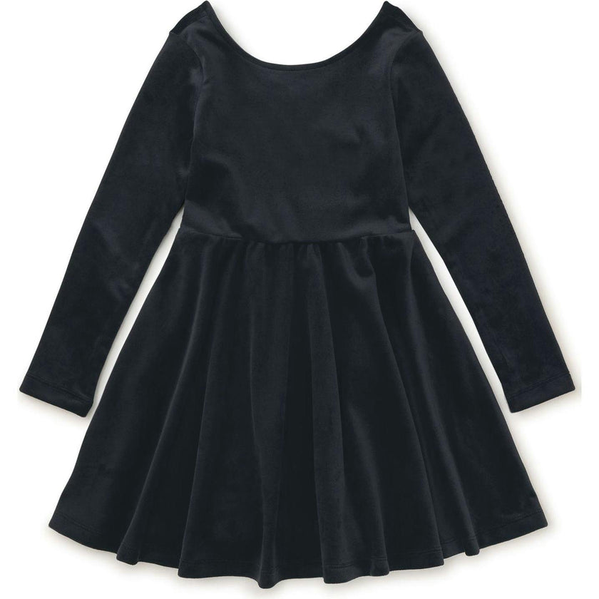 Velour Boat Neck Long Sleeve Ballet Skirt Dress, Black