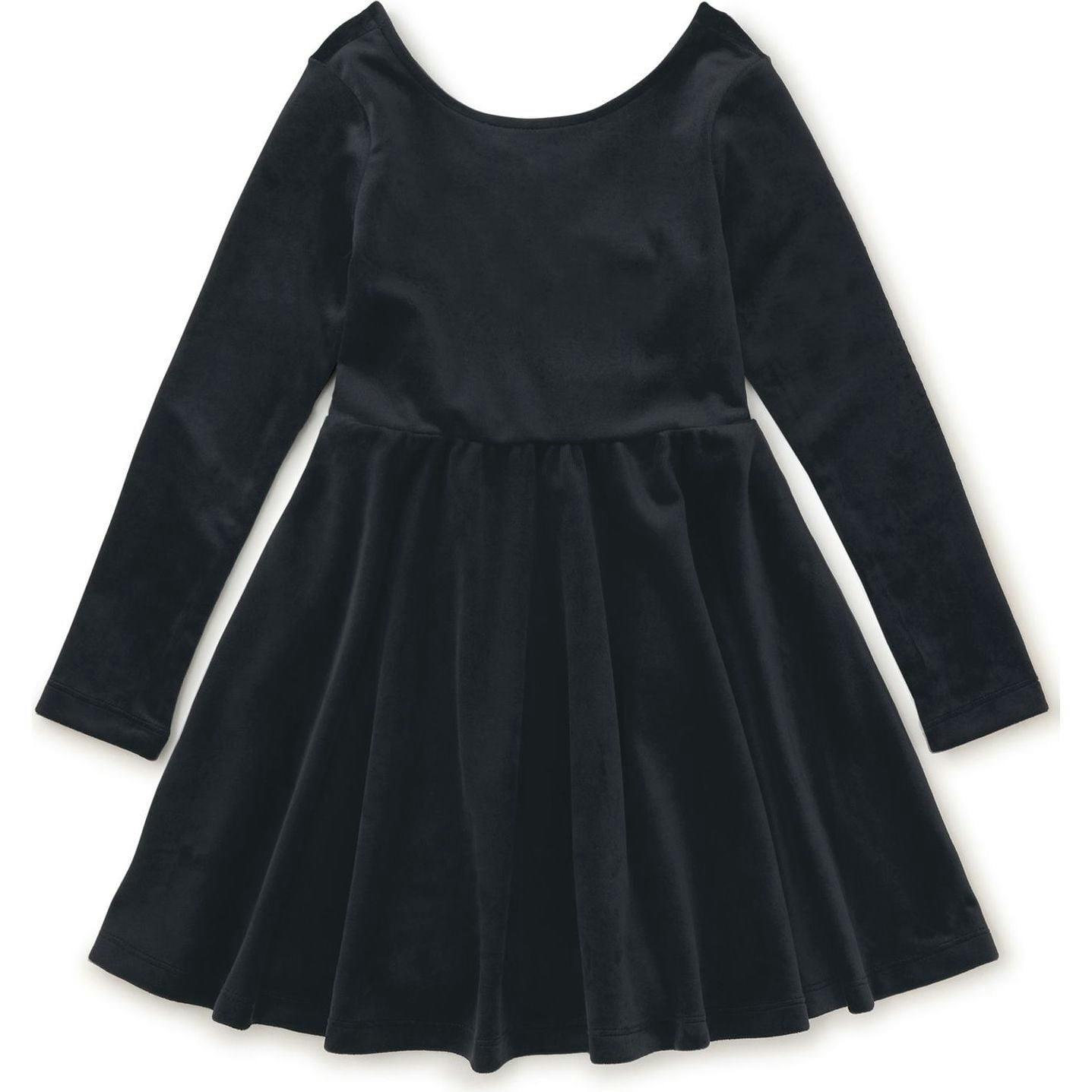 Velour Boat Neck Long Sleeve Ballet Skirt Dress, Black