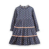 Long Sleeves Tiered Skirt Dress with Velvet Trim