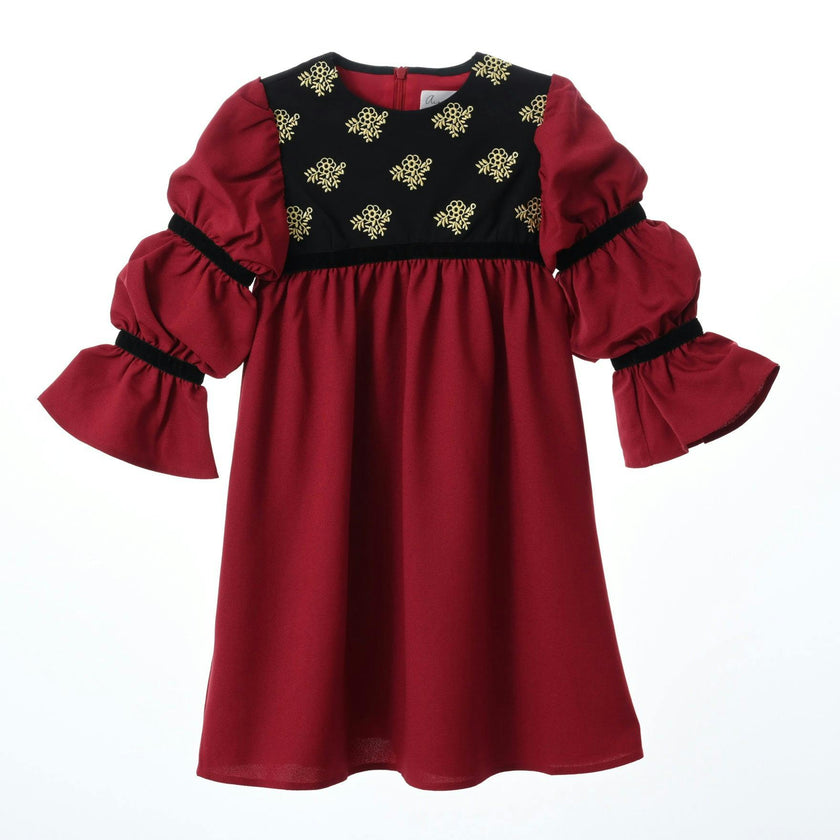 Bella dress (burgundy with golden embroidery blooms)