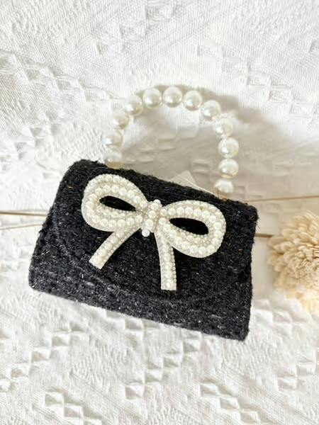 Tweed Black Purse Pearl Bow, Black