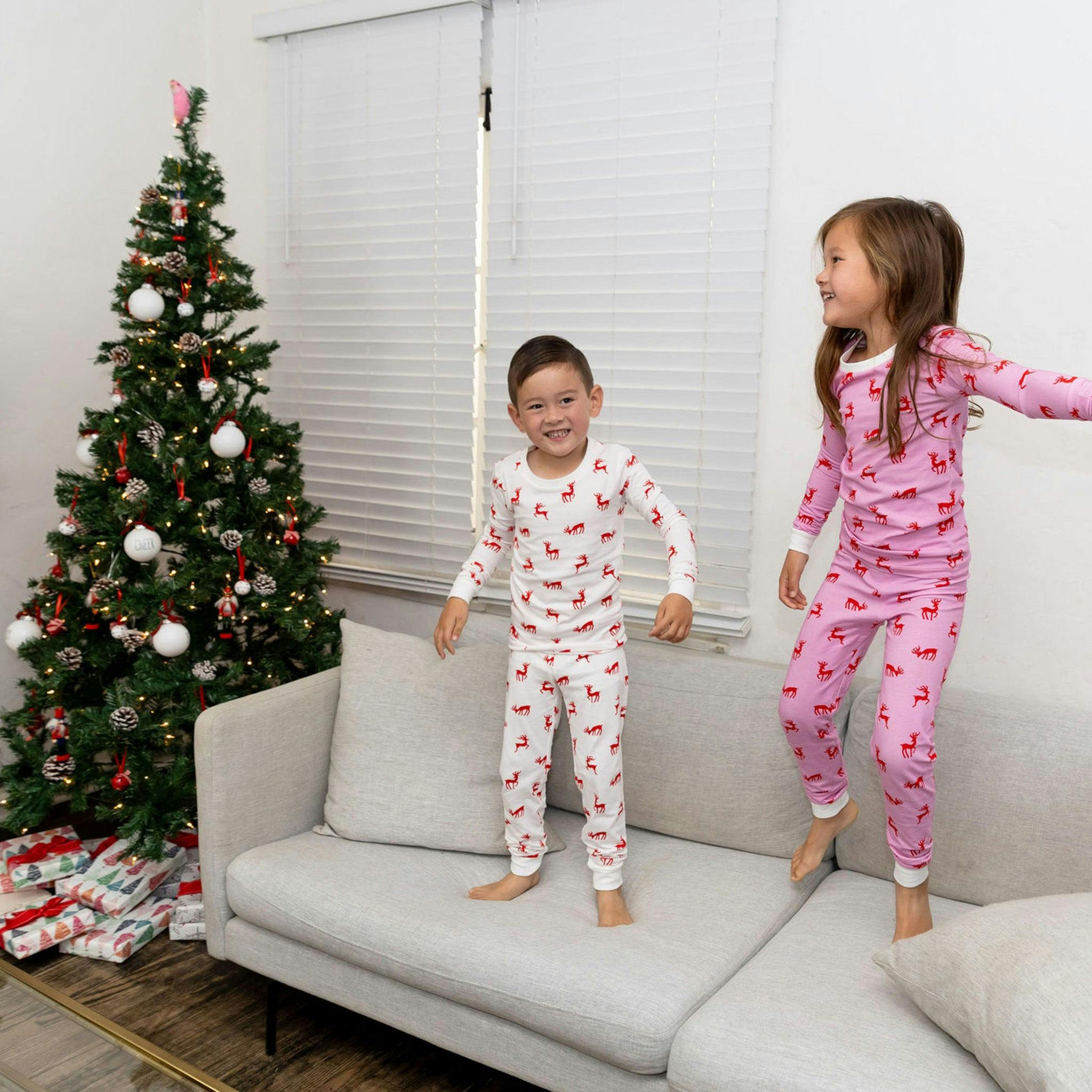 Kids Reindeer Pink Long PJ Set - Organic Stretch Jersey Knit Cotton