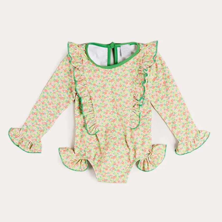 Annie Apple Print Ruffle Detail Long Sleeve Swimsuit in Green (12mths- 10yrs)