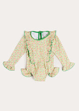 Annie Apple Print Ruffle Detail Long Sleeve Swimsuit in Green (12mths- 10yrs)