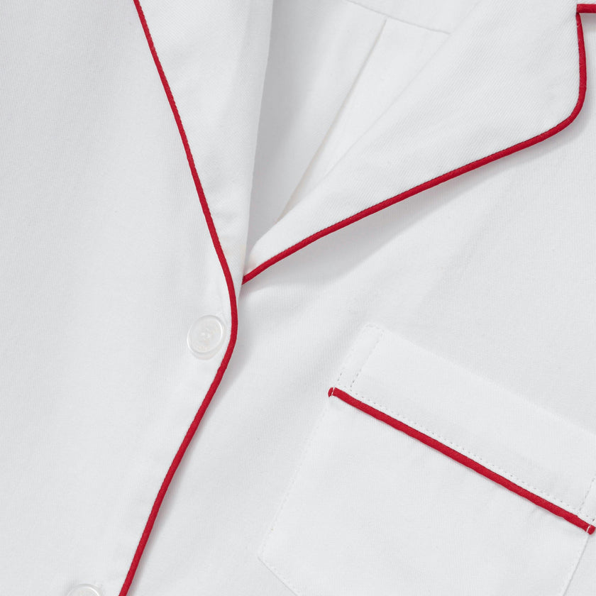 Women's Twill Pajama Set in White with Red Piping