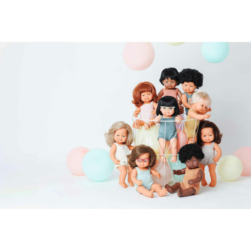 Colourful Edition Collection - Baby Doll Caucasian Girl with Down Syndrome with Glasses 15'' (turquoise rompers)