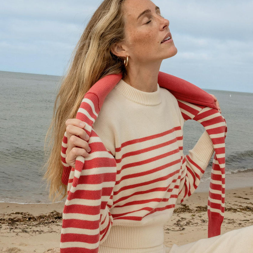 Women's Cream And Red Stripe Cropped Sweater