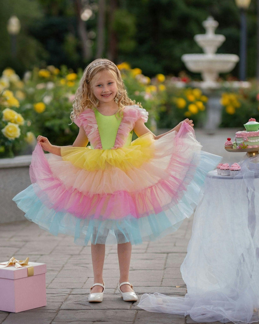 Neon Glow Pastel Rainbow Tulle Birthday Dress for Girls