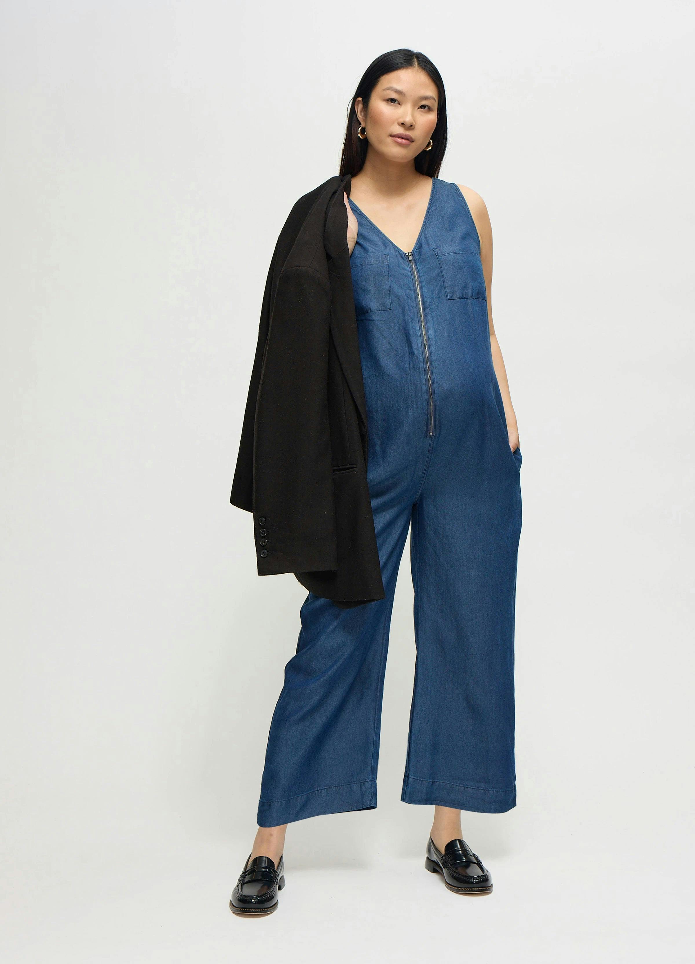 Wide Leg Zip Front Chambray Maternity and Nursing Jumpsuit