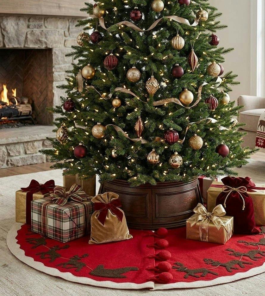 Handmade Felt Sleigh and Reindeer Red Christmas Tree Skirt 60