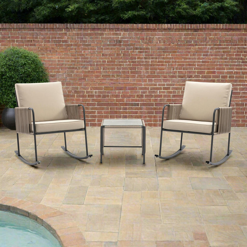 Teamson Home Steel Frame Rocking Chair Conversation Set with Rope Accent Outdoor Furniture