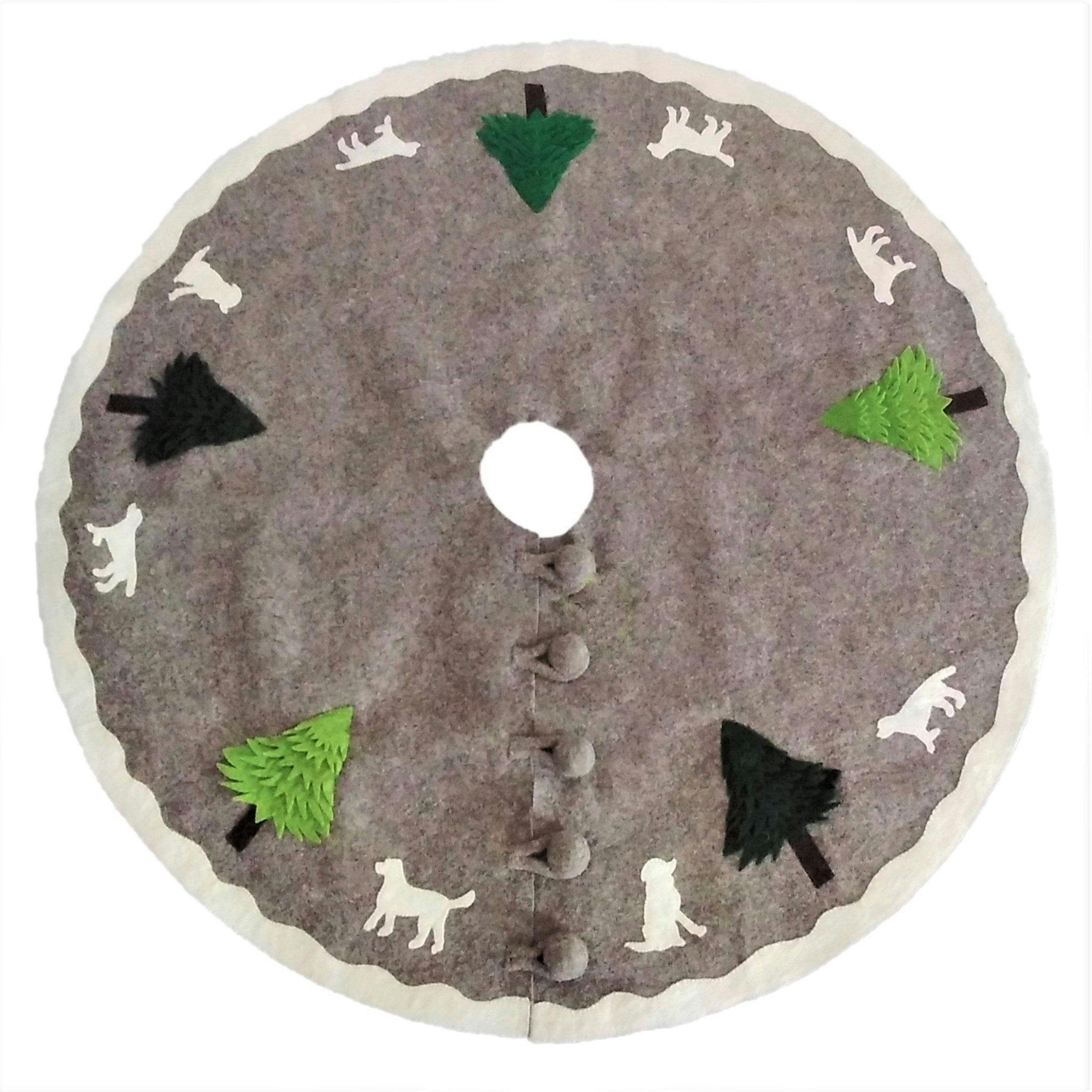 Cream Dogs and Green Trees Christmas Tree Skirt Gray Hand Felted Wool - 60