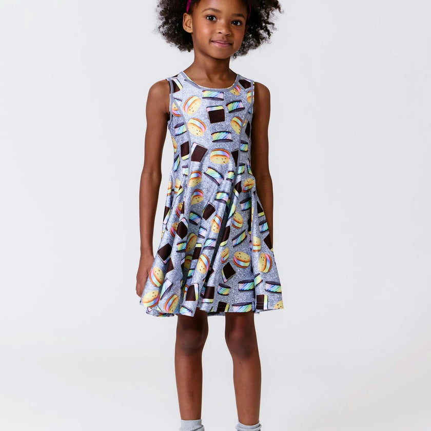 Girls Hi-Shine Skater Dress in Rainbow Ice Cream Saucers