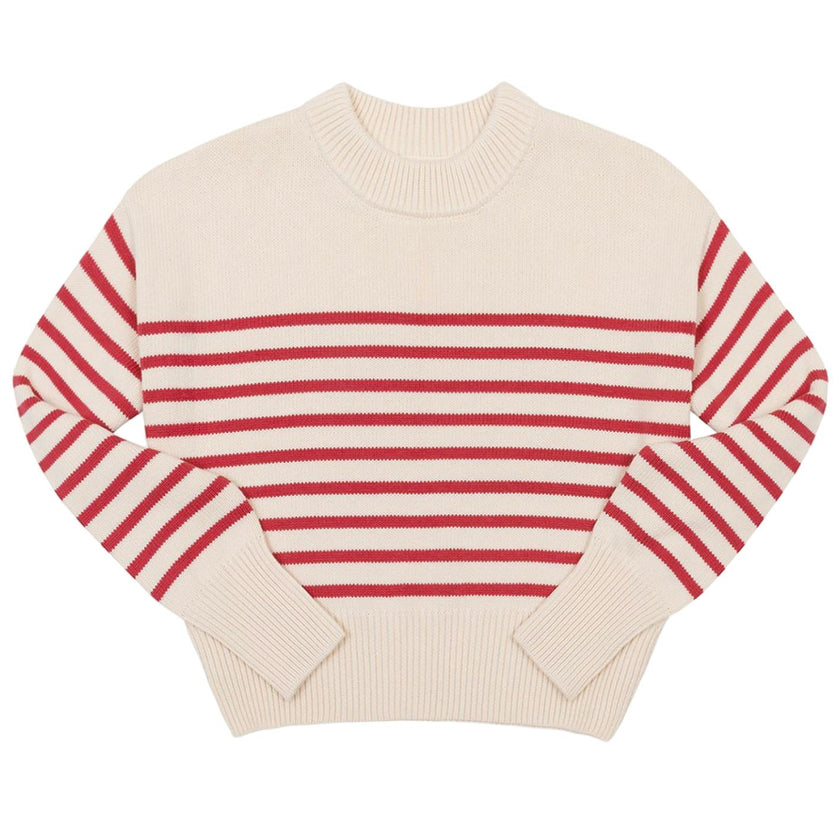 Women's Cream And Red Stripe Cropped Sweater