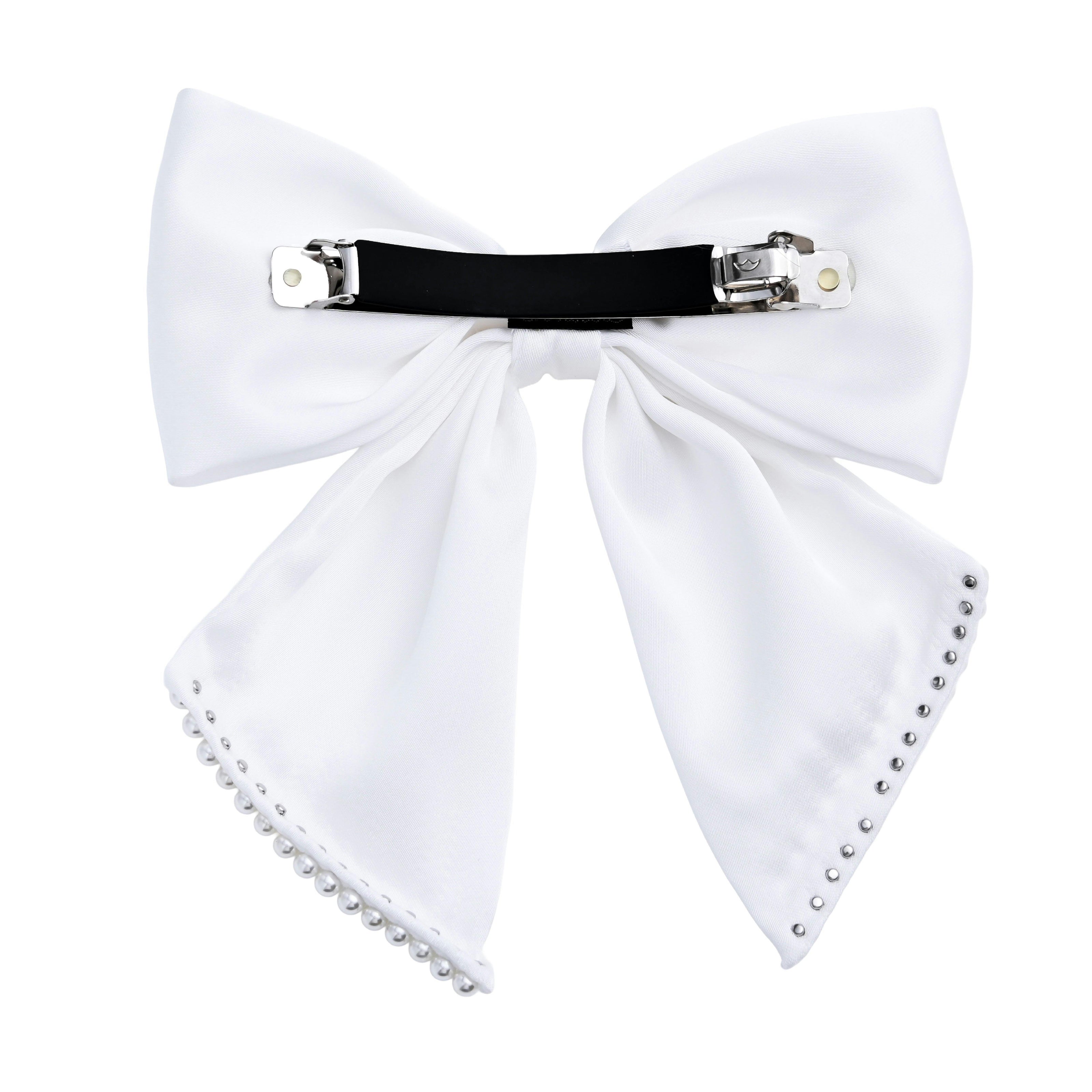 White Pearl-Trimmed Satin Hair Clip