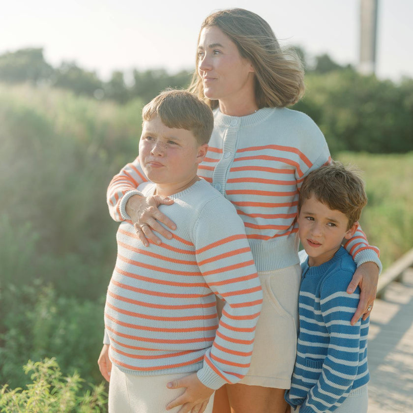 unisex light blue and peach stripe knit sweater
