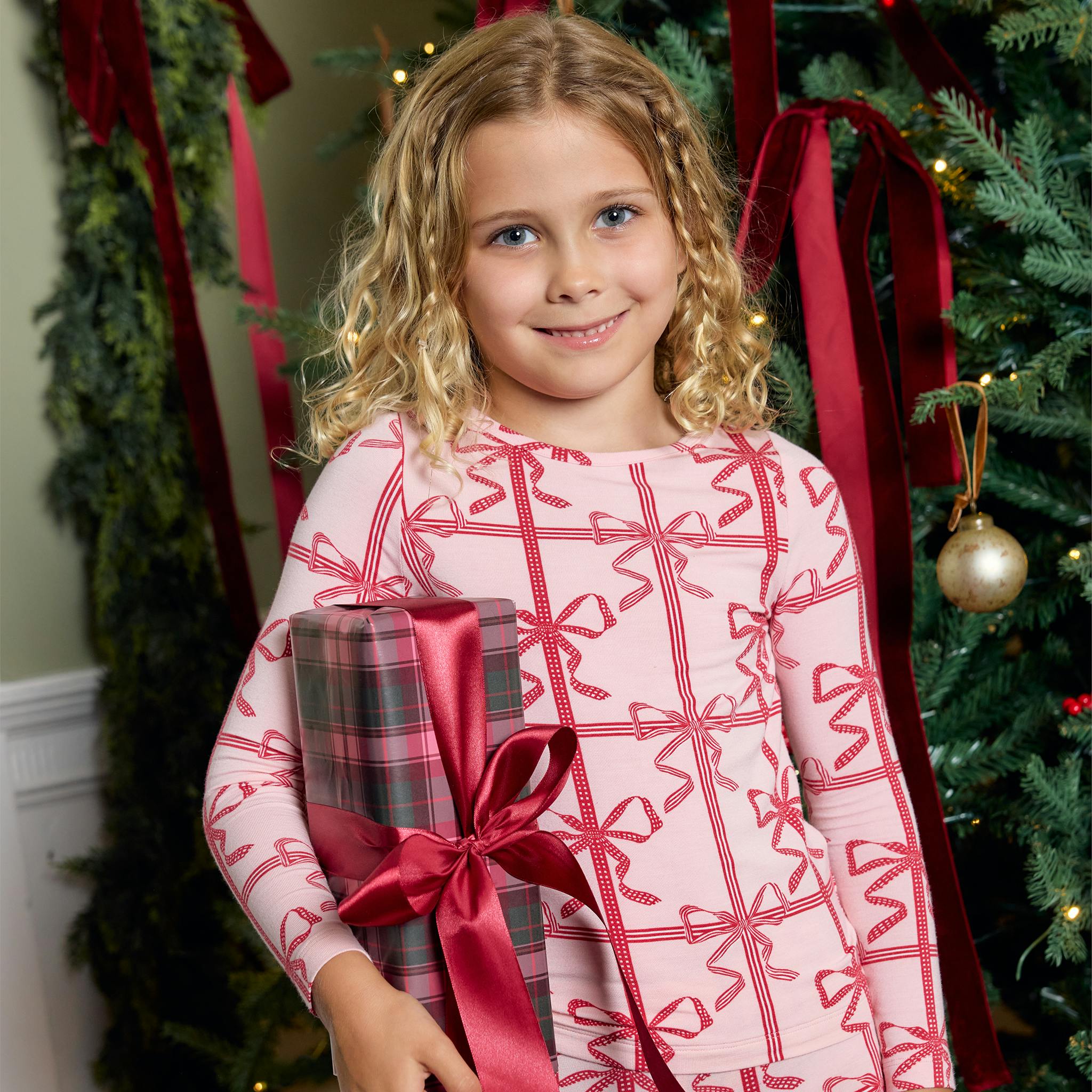 Kids Bamboo PJ Set - Pink Present Bow