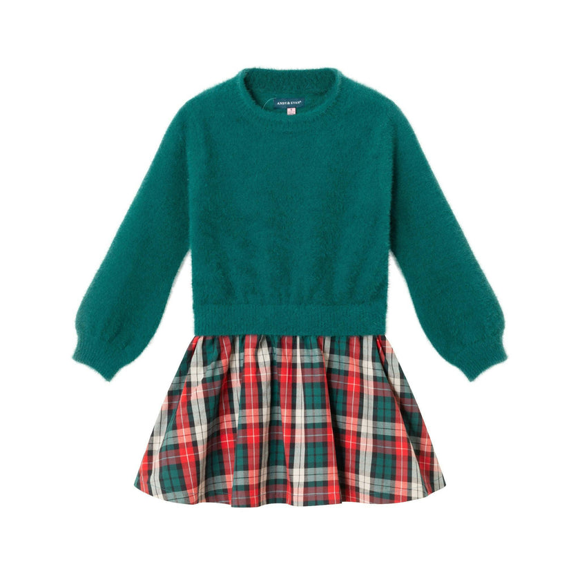 Kids Knit Twofer Dress | Green Plaid
