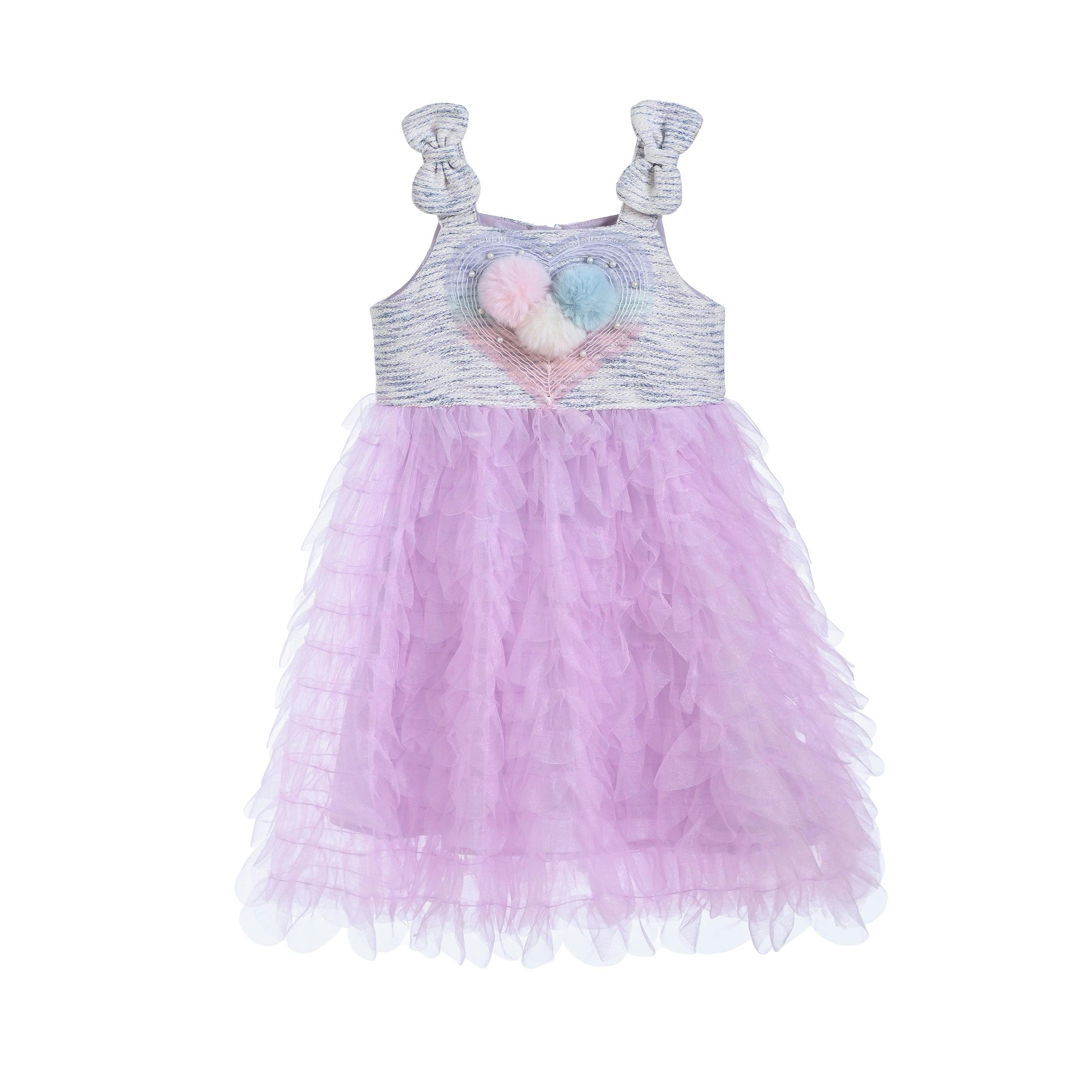 Purple Tulle Silhouette Bow Pom Dress