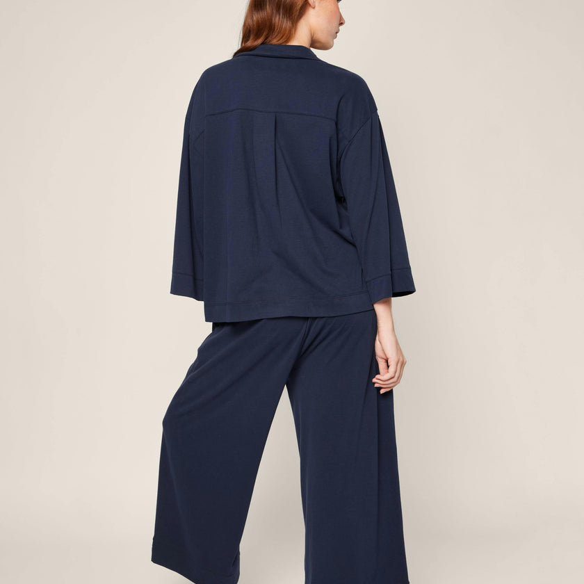 The Olivia Wide Leg Pima Pajama Set in Navy