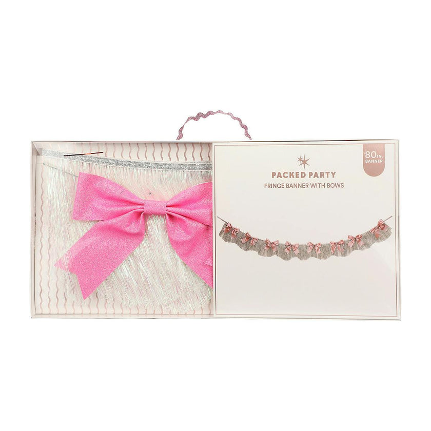 Packed Party Beautiful Bows Reusable Glitter Fringe Garland - 80-Inch Pink and White Fringe Banner with 3D Pink Glitter Bows for Birthdays and Showers