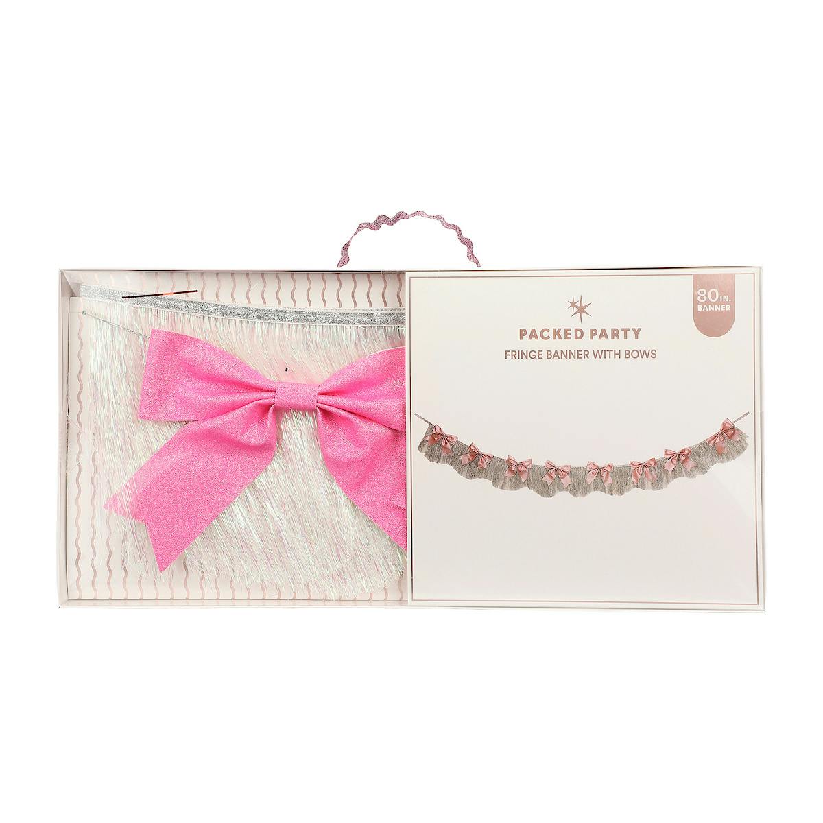 Packed Party Beautiful Bows Reusable Glitter Fringe Garland - 80-Inch Pink and White Fringe Banner with 3D Pink Glitter Bows for Birthdays and Showers