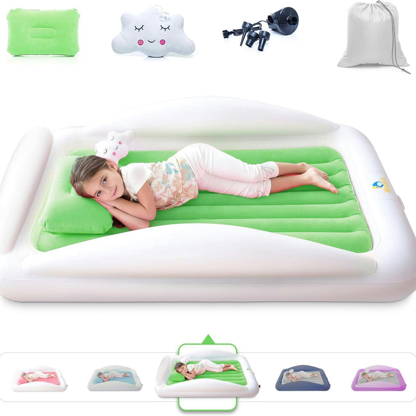 Sleepah Inflatable Toddler Travel Bed Portable Kids Air Mattress Set w Safety Bed Rail Guards for Kids & Toddlers – Set Includes Pump, Carry Case, Pillow