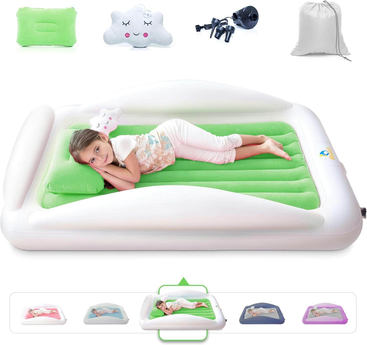 Sleepah Inflatable Toddler Travel Bed Portable Kids Air Mattress Set w Safety Bed Rail Guards for Kids & Toddlers – Set Includes Pump, Carry Case, Pillow