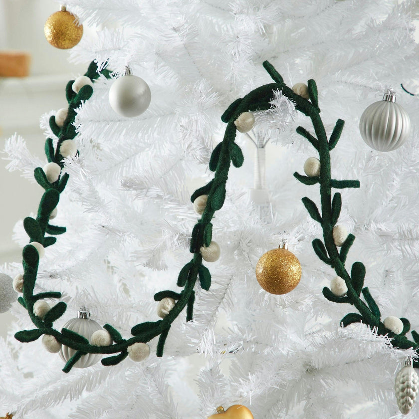 Handmade Christmas Garland and Bunting - Cream Velvet Balls and Felt Mistletoe - 6' Arcadia Home