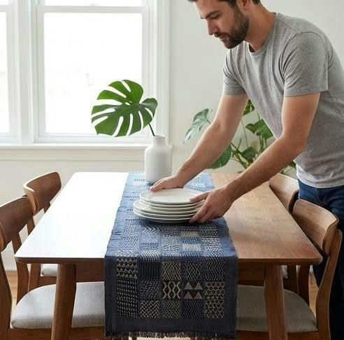 Artisan Hand Loomed Cotton Table Runner - Indigo Blocks - 18