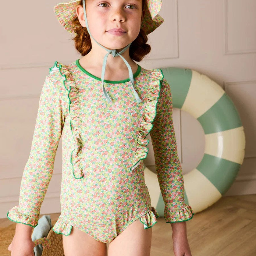 Annie Apple Print Ruffle Detail Long Sleeve Swimsuit in Green (12mths- 10yrs)